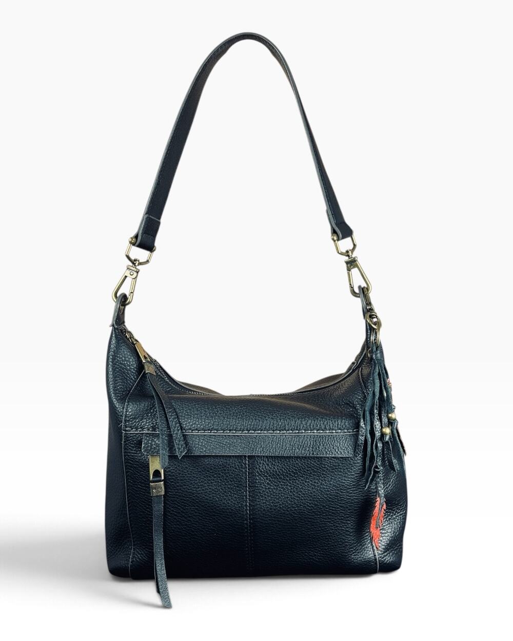 The Sak Alameda Black Pebbled Leather Leaf Charm Hobo Shoulder Bag